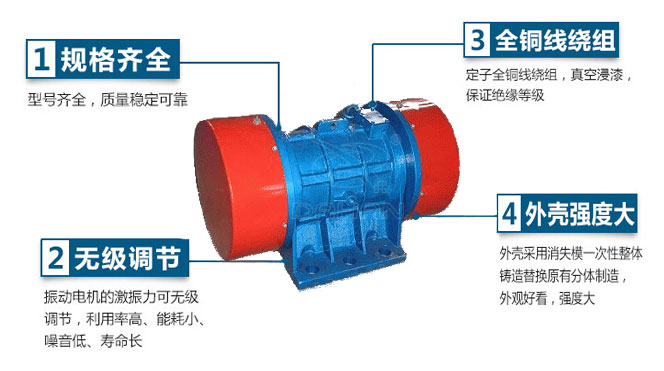 VB振動電機特點：1，規格齊全：型號齊全，質量穩定可靠。2，無極調節：振動電機的激振力可無極調節，利用率高，能耗小，噪音低，壽命長。4，外殼輕度大：外殼采用消失模一次性整體鑄造替換原有分體制造，外觀好看，強度大。