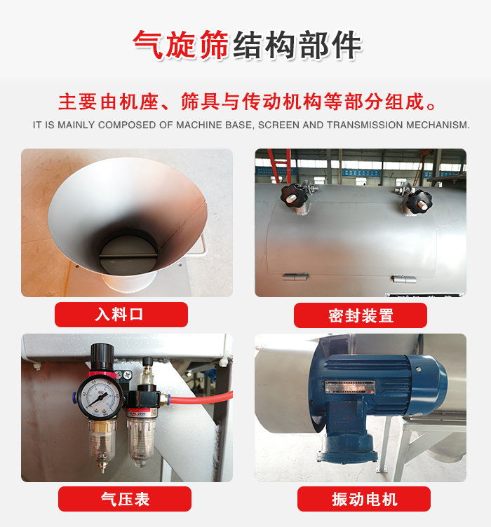 氣旋篩結構：入料口，密封裝置，電機，氣壓表等